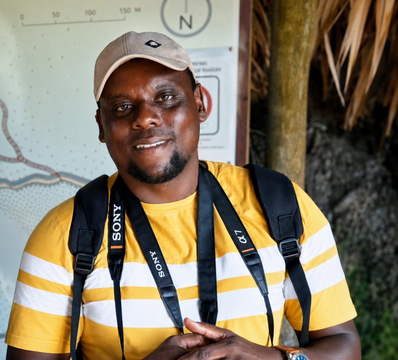 Allen Boniface wearing a hat and yellow shirt with camera straps and backpack
